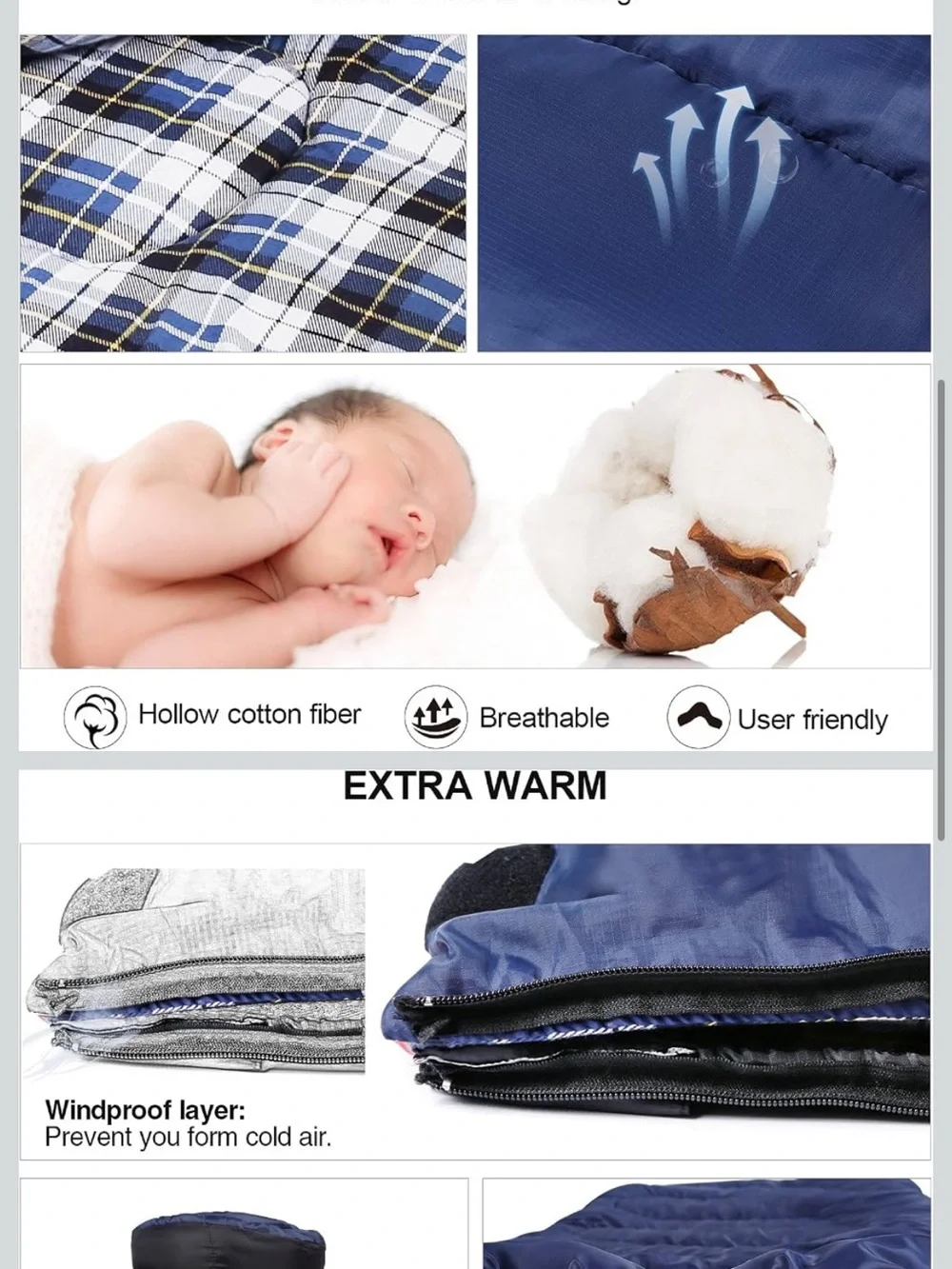 Set of 2 :Redcamp Navy Blue Sleeping Bag with Plaid Lining for camp